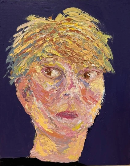*Self-portrait*, acrylic on canvas board, 30 x 21 cm.