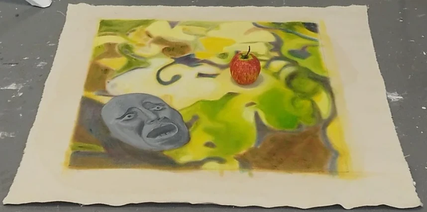 *The First Witness*, oil on raw canvas and paper Mâche.