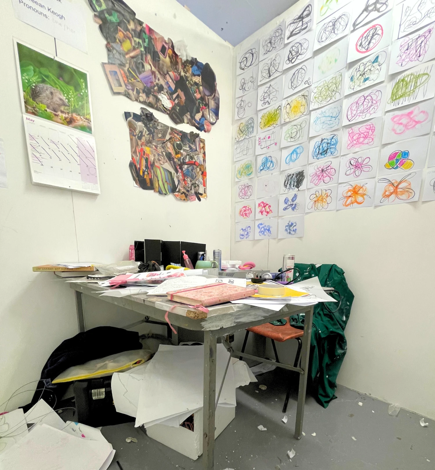 Installation view, *Nothing to Show*, desk, chair, locker, drawings, calendar and objects, NCAD Works 2026.