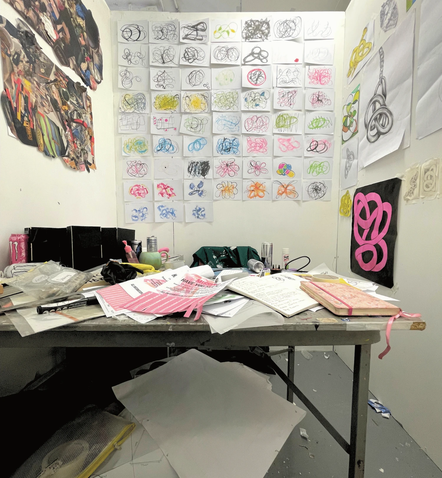 Installation view, *Nothing to Show*, desk, chair, locker, calendar, collages, drawings and objects, NCAD Works 2026.