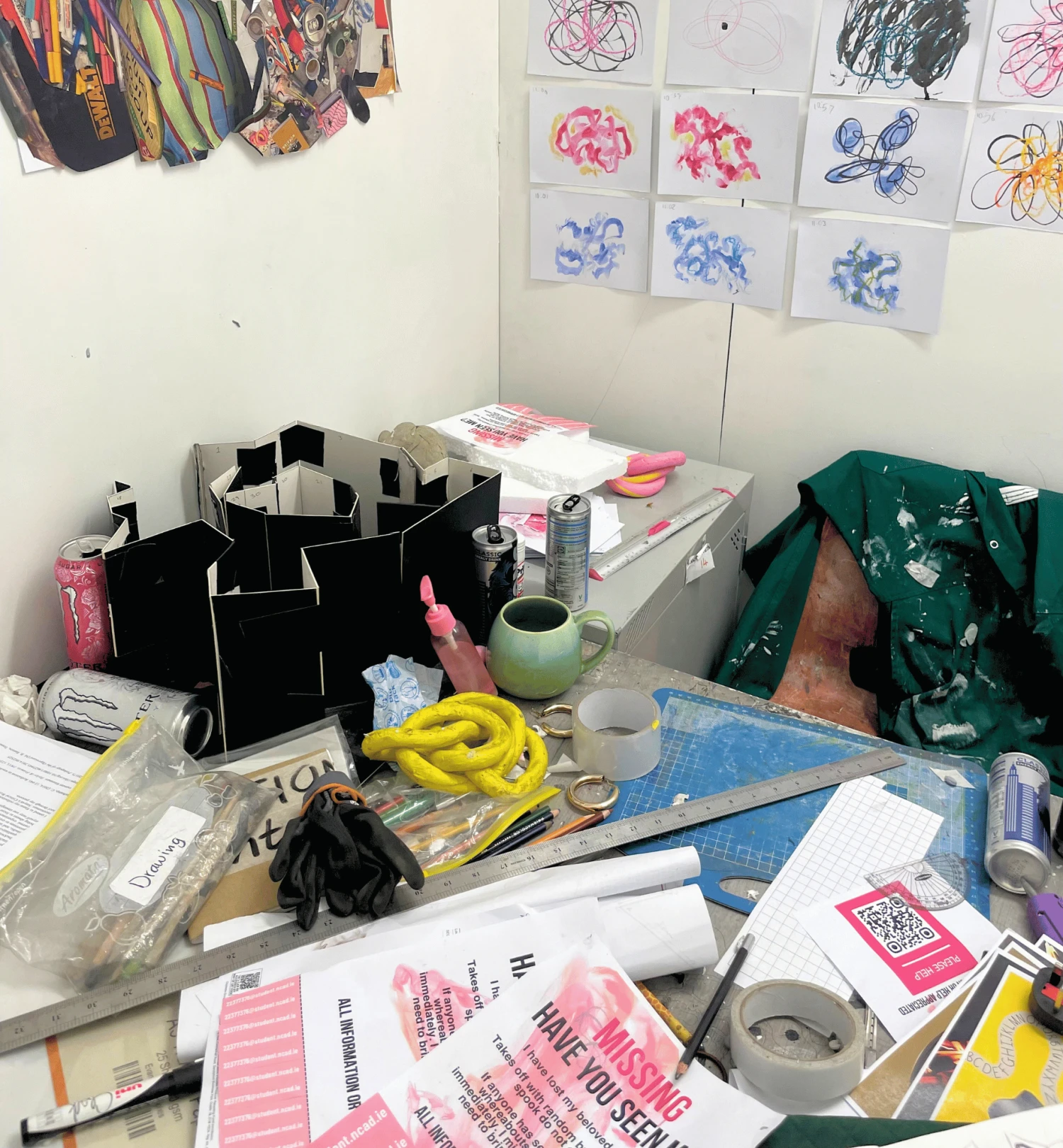 Installation view, *Nothing to Show*, desk, chair, locker, collages and objects, NCAD Works 2026.
