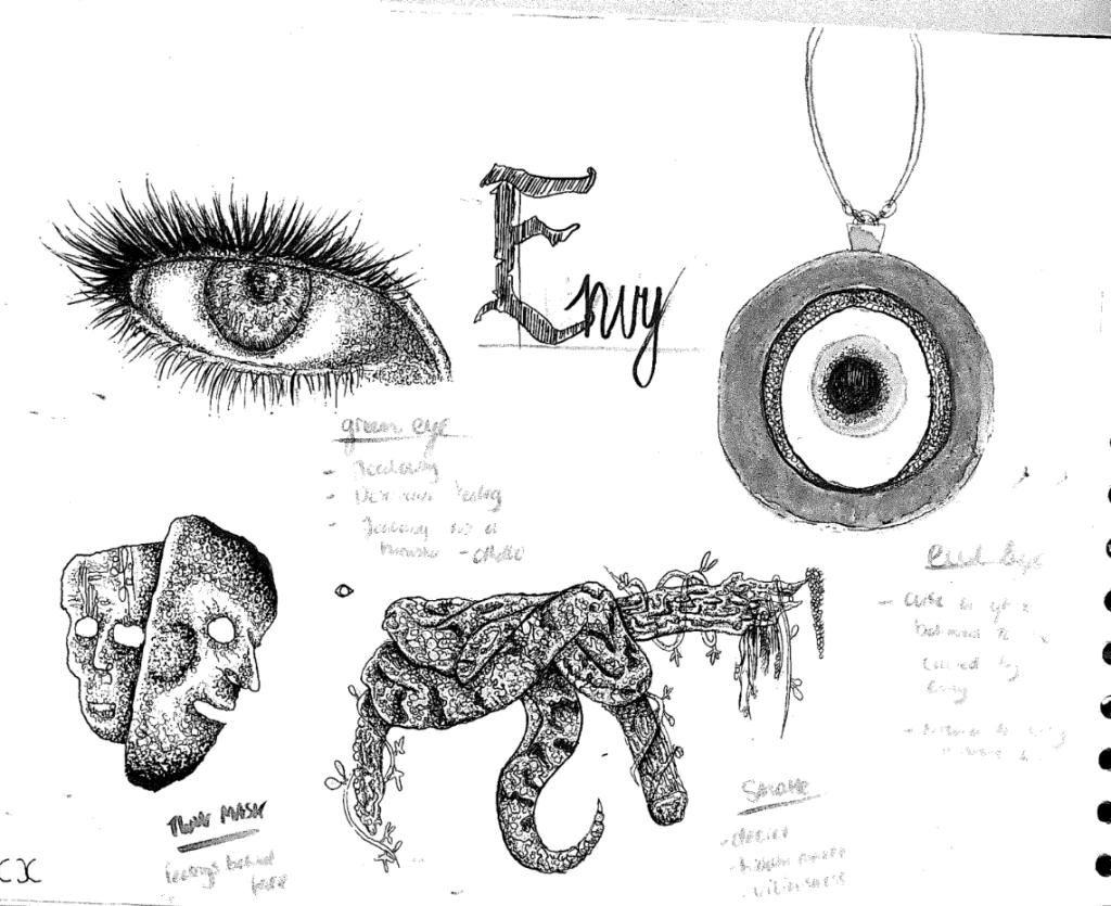 Observational drawings around the theme of envy.