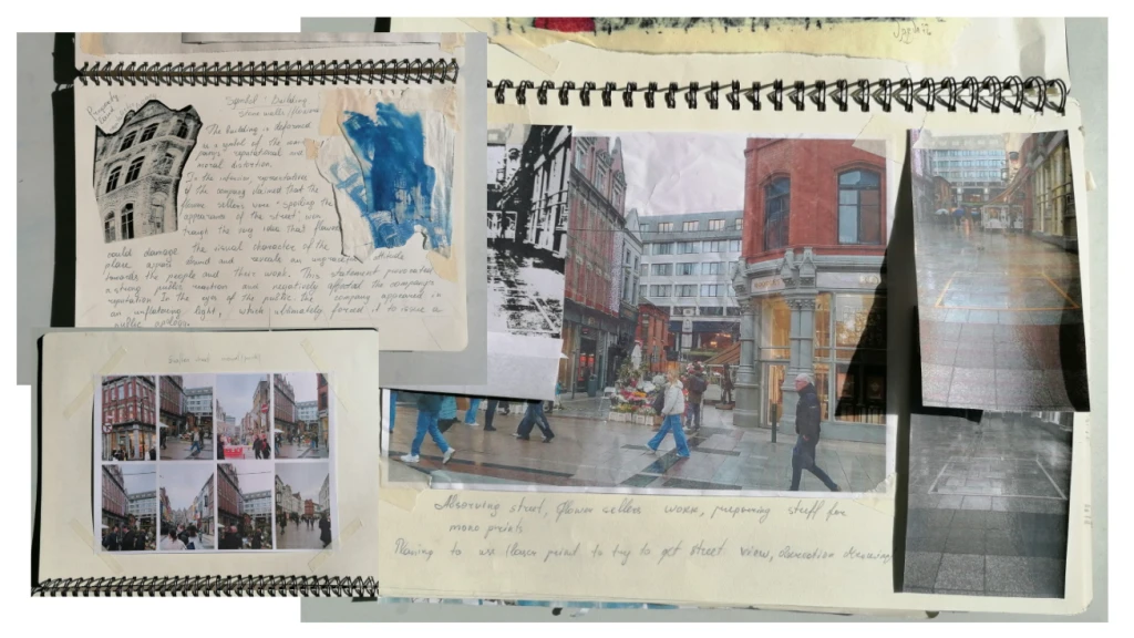 Grafton Street symbols research, yellow square and buildings.