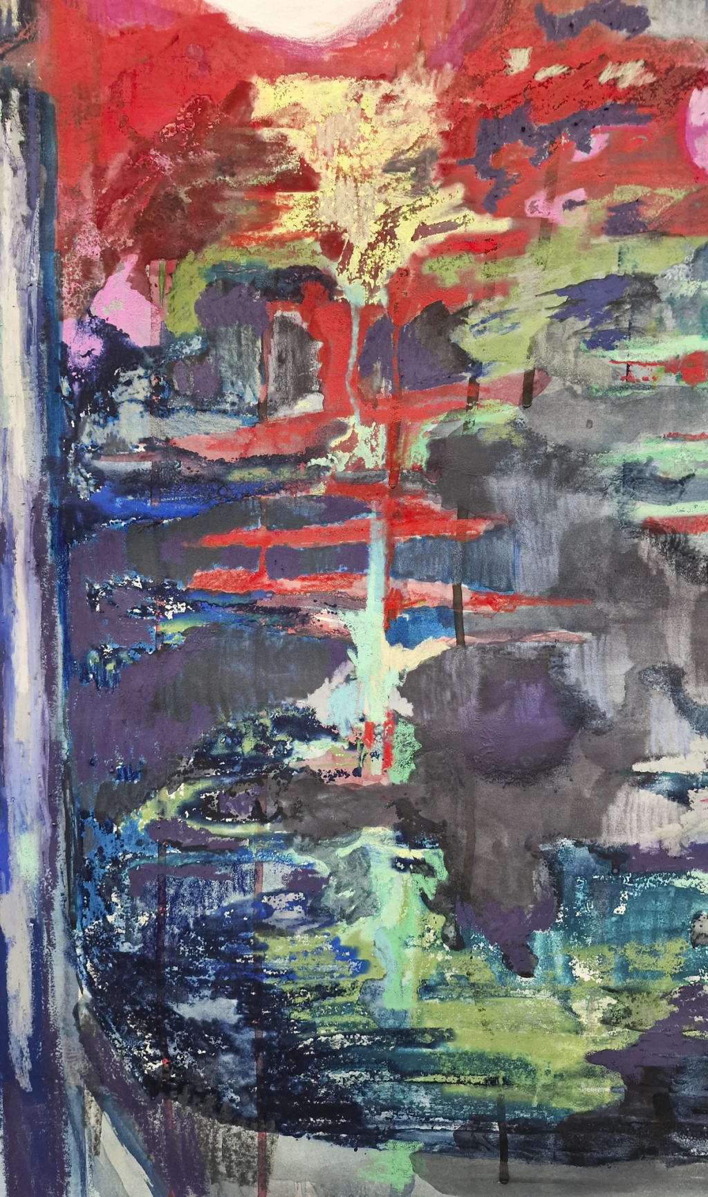 Working on top of monotype print with various mediums on *Walking Home*.