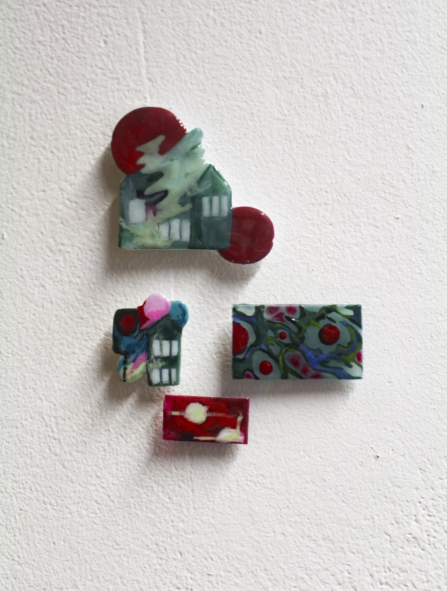 *The Shapes That Follow*, UV gel polish and coloured pencil on acrylic, various sizes.