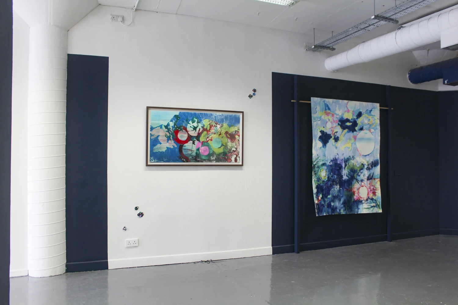 (L-R) *Landscape Imposed*, unframed monotype screen print, 61 x 112 cm; *Looking Up*, monotype screen print 165 x 126 cm.