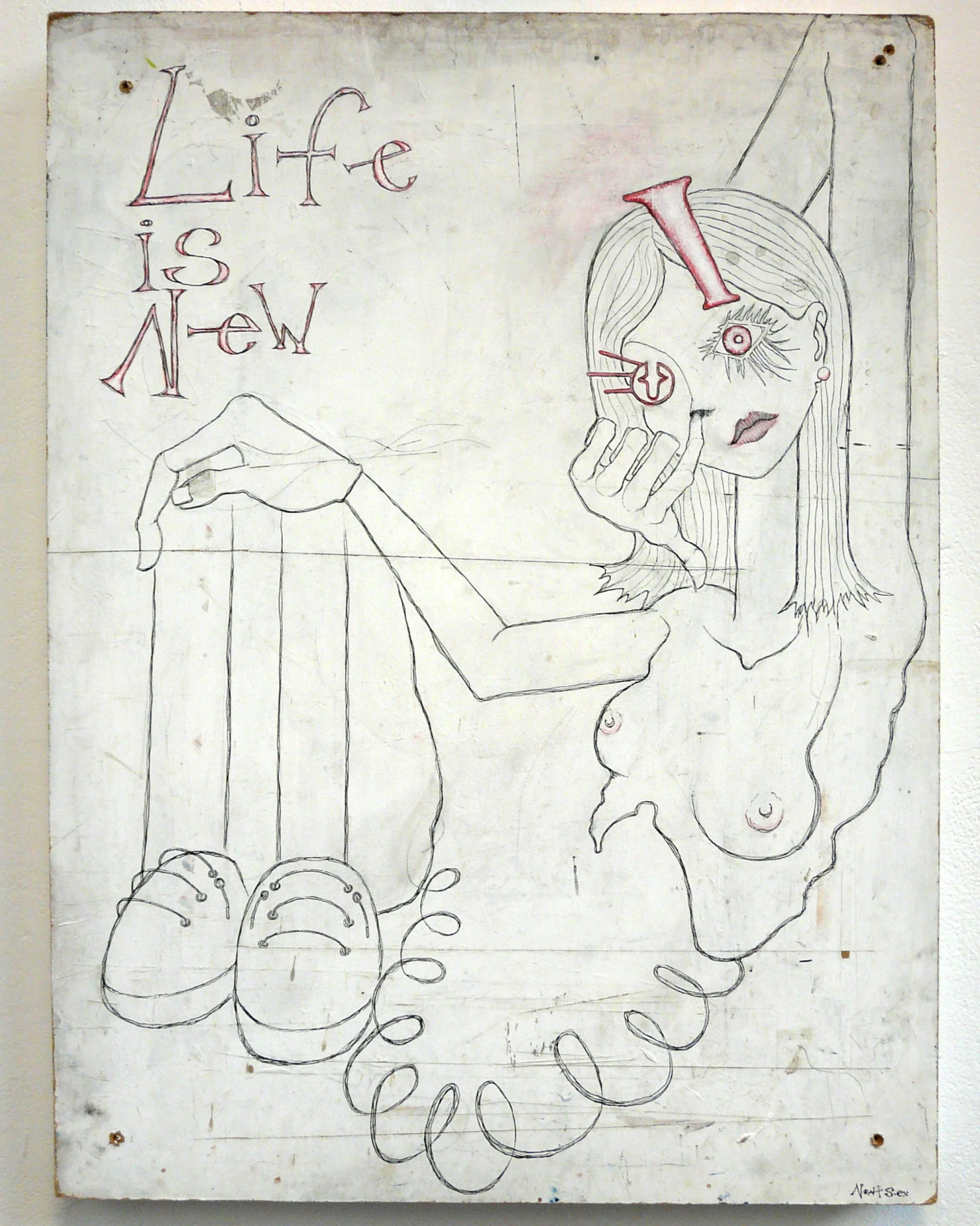 *Life is New*, ink on wood.