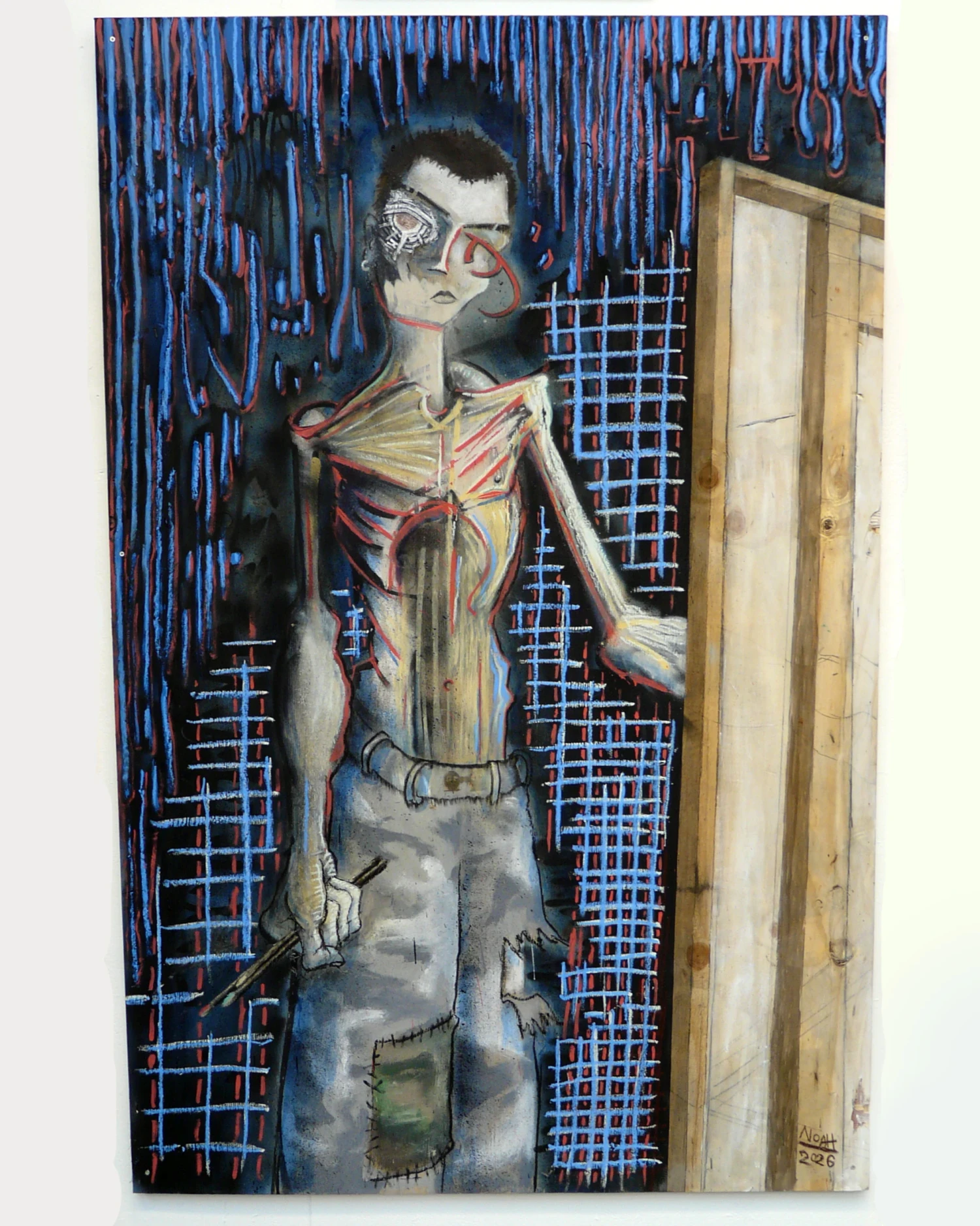 *Noah the Artist*, acrylic, spray paint and oil sticks on wood.