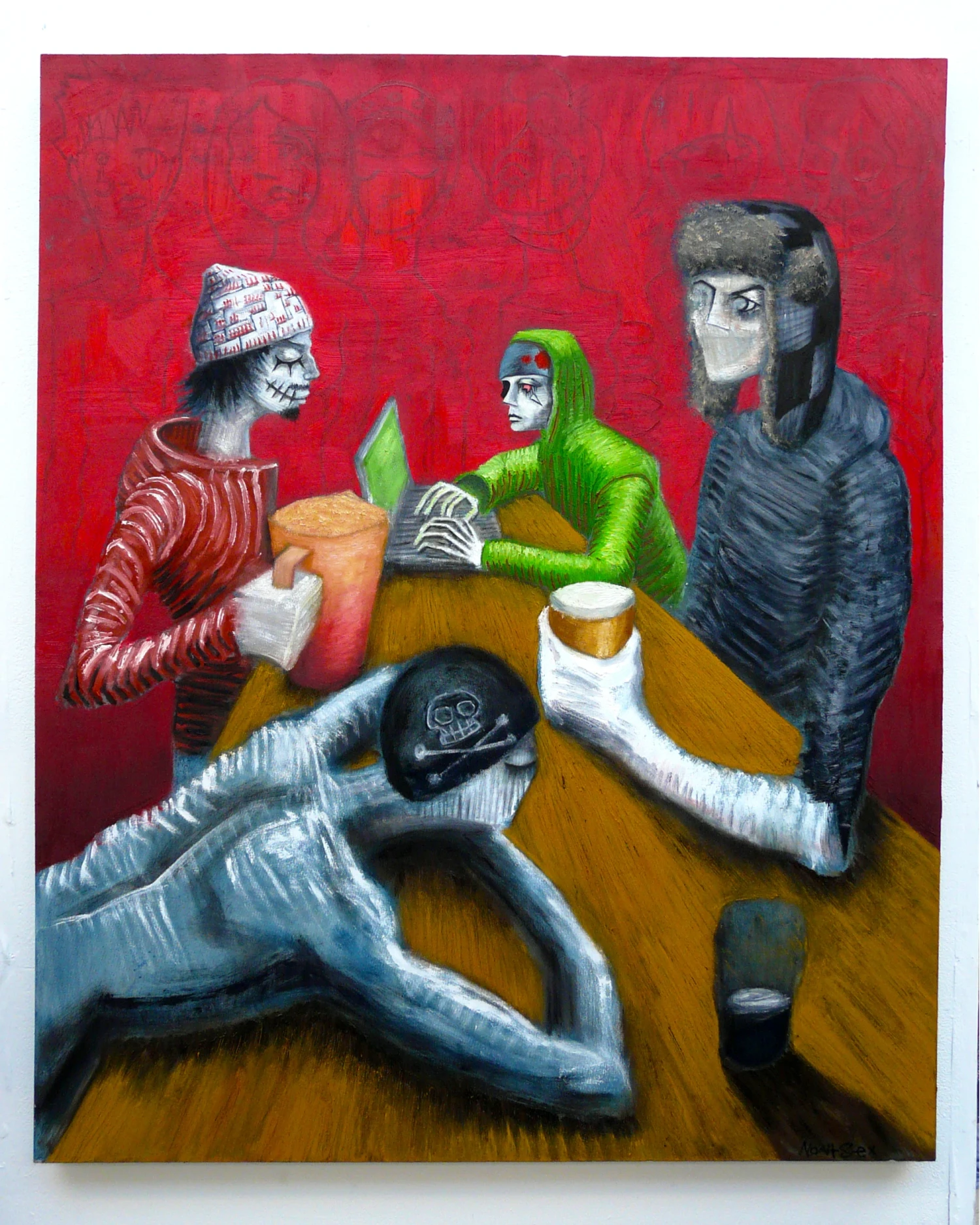 *With my Friends*, oil on canvas.