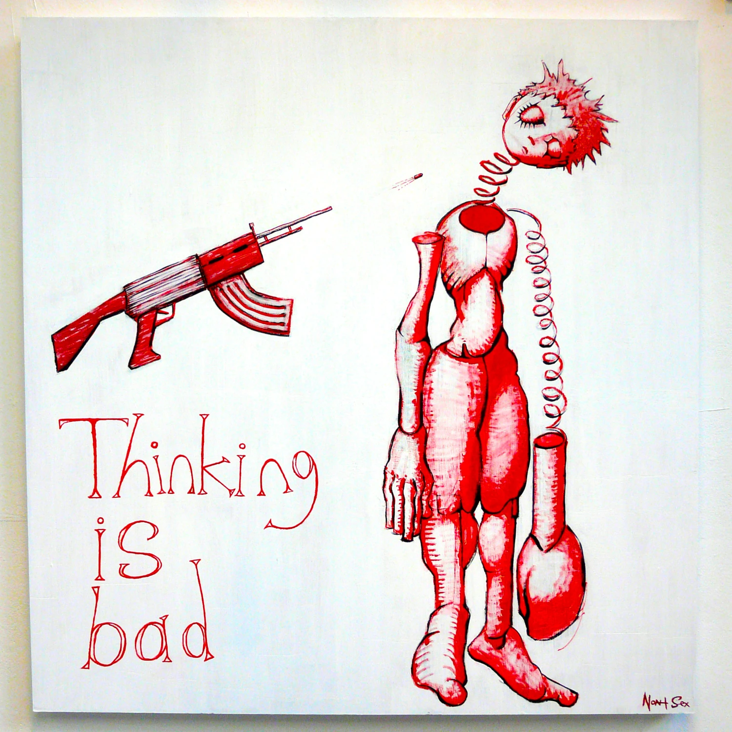 *Thinking is Bad*, acrylic and emulsion on wood.