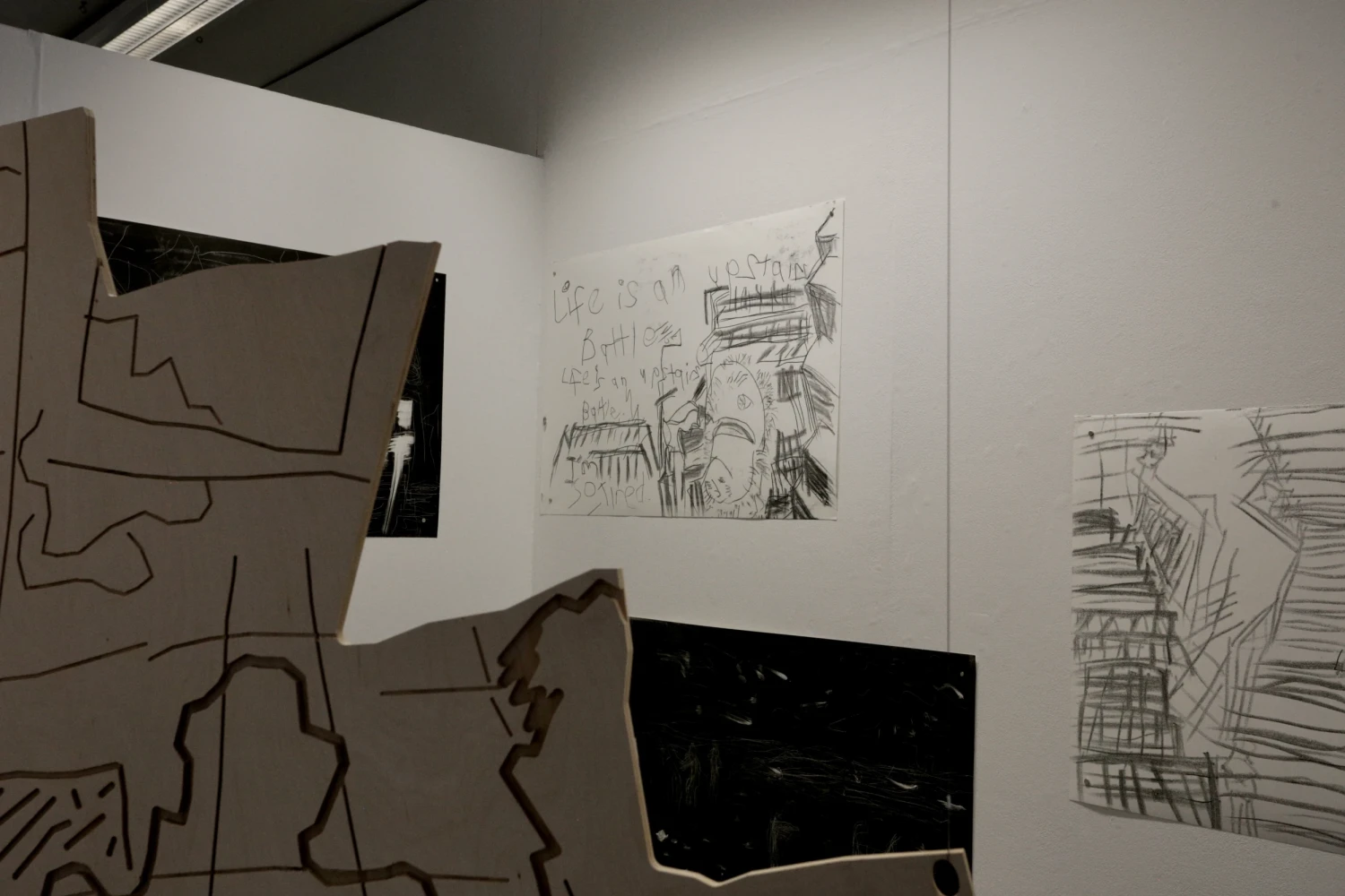 (L-R) *The Stairs* (plywood); *Trace and Dark Field* monotype prints.