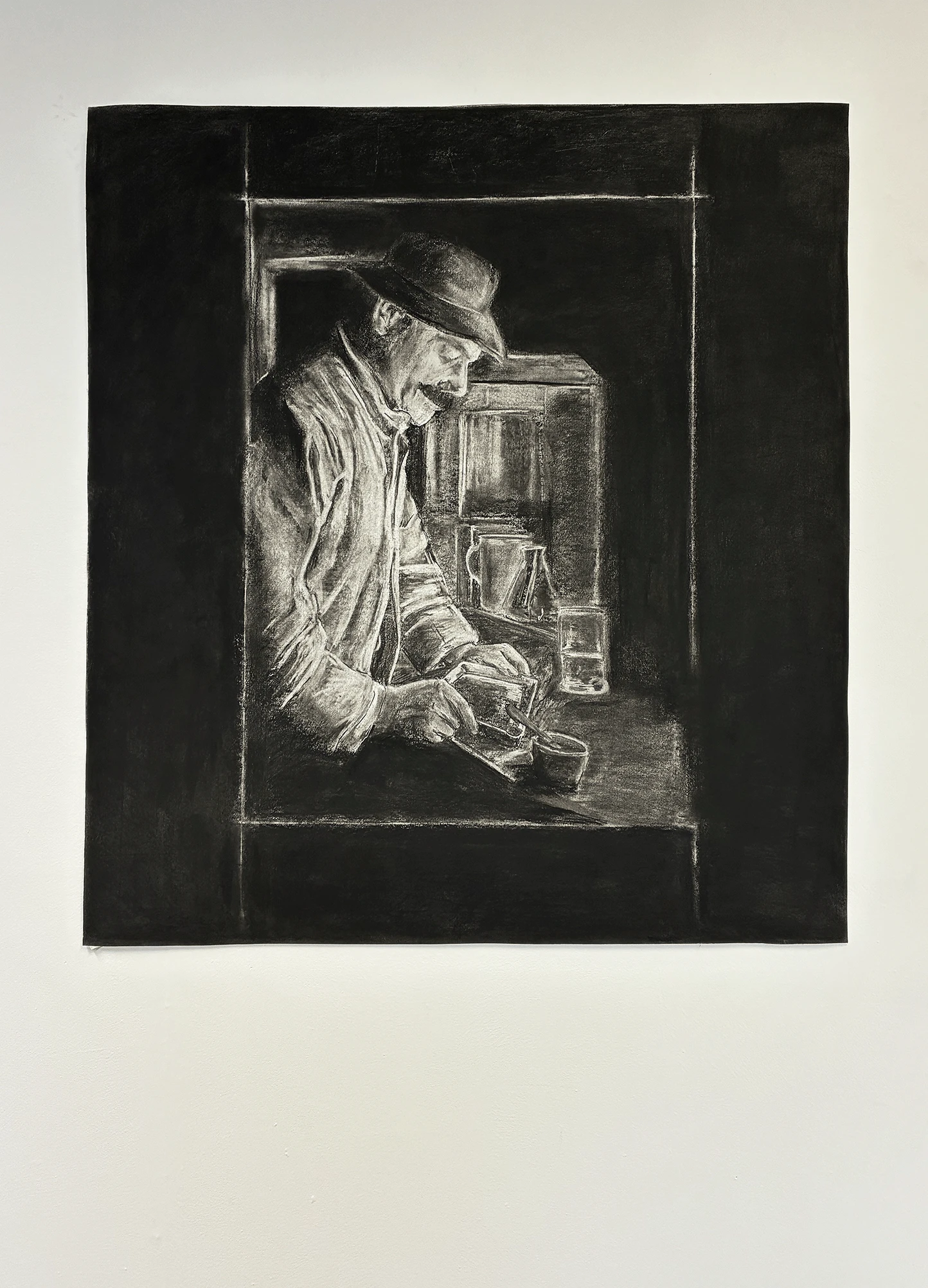 *In The Darkroom (Ponting 3)*, charcoal on Fabriano.