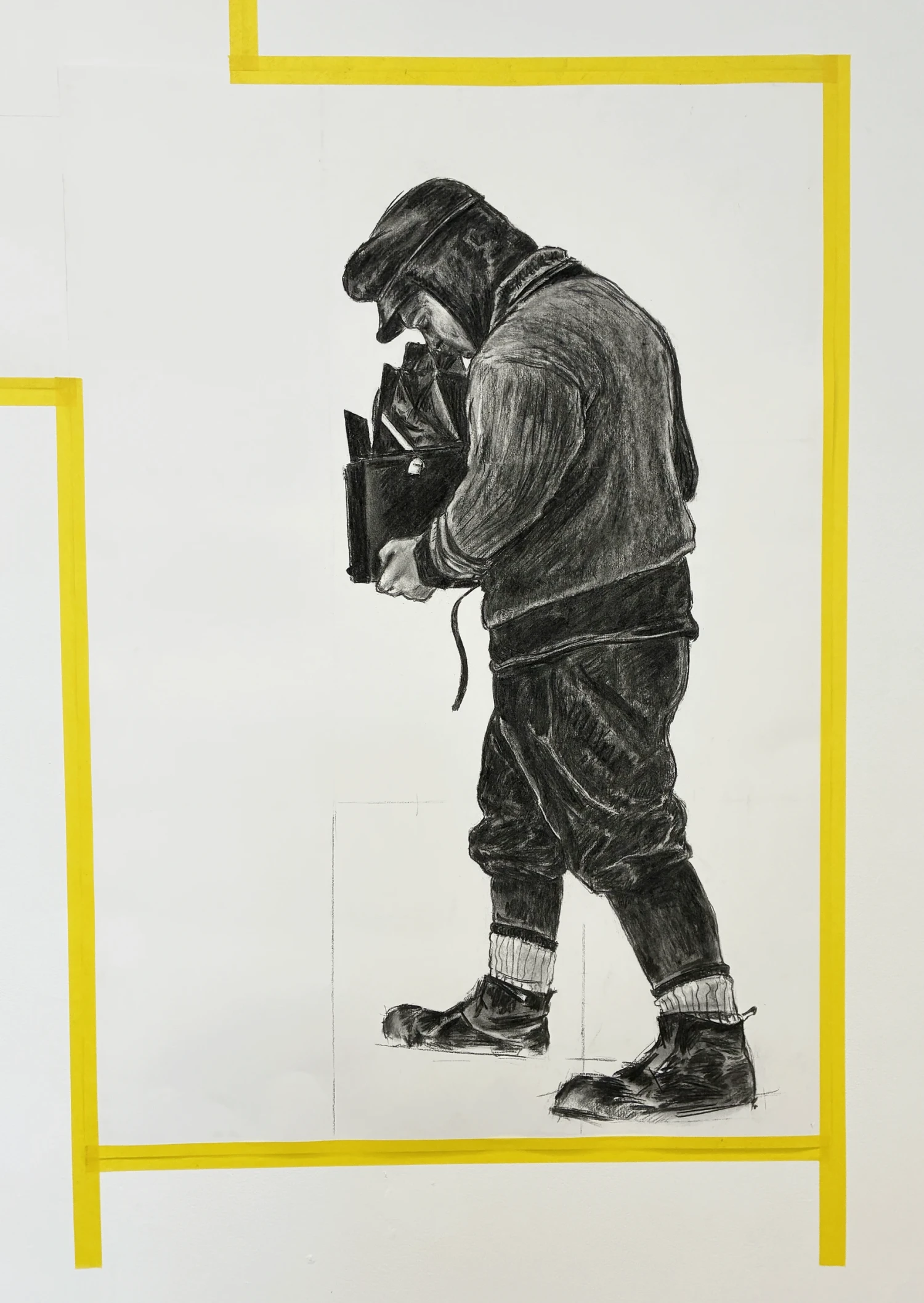 *Ponting 1* 2025, charcoal on Fabriano. Installed as part of the MFA Open Studios.