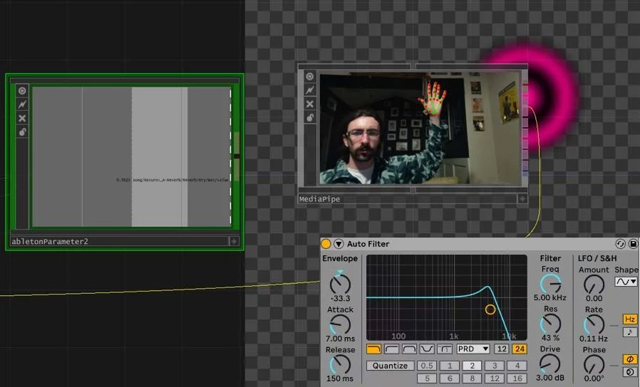 Demo program using TouchDesigner and Ableton where the user's hand movements manipulates a sound source.
