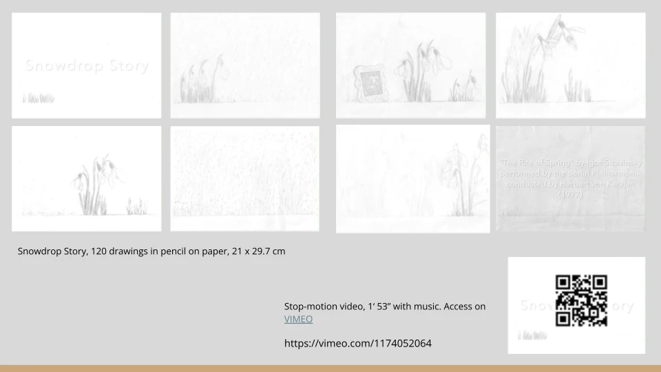 *Snowdrop Story*, 120 drawings in pencil on paper, 21 x 29.7 cm; stop-motion video with music, duration 1‘ 53”. [Access on VIMEO](https://vimeo.com/1174052064)