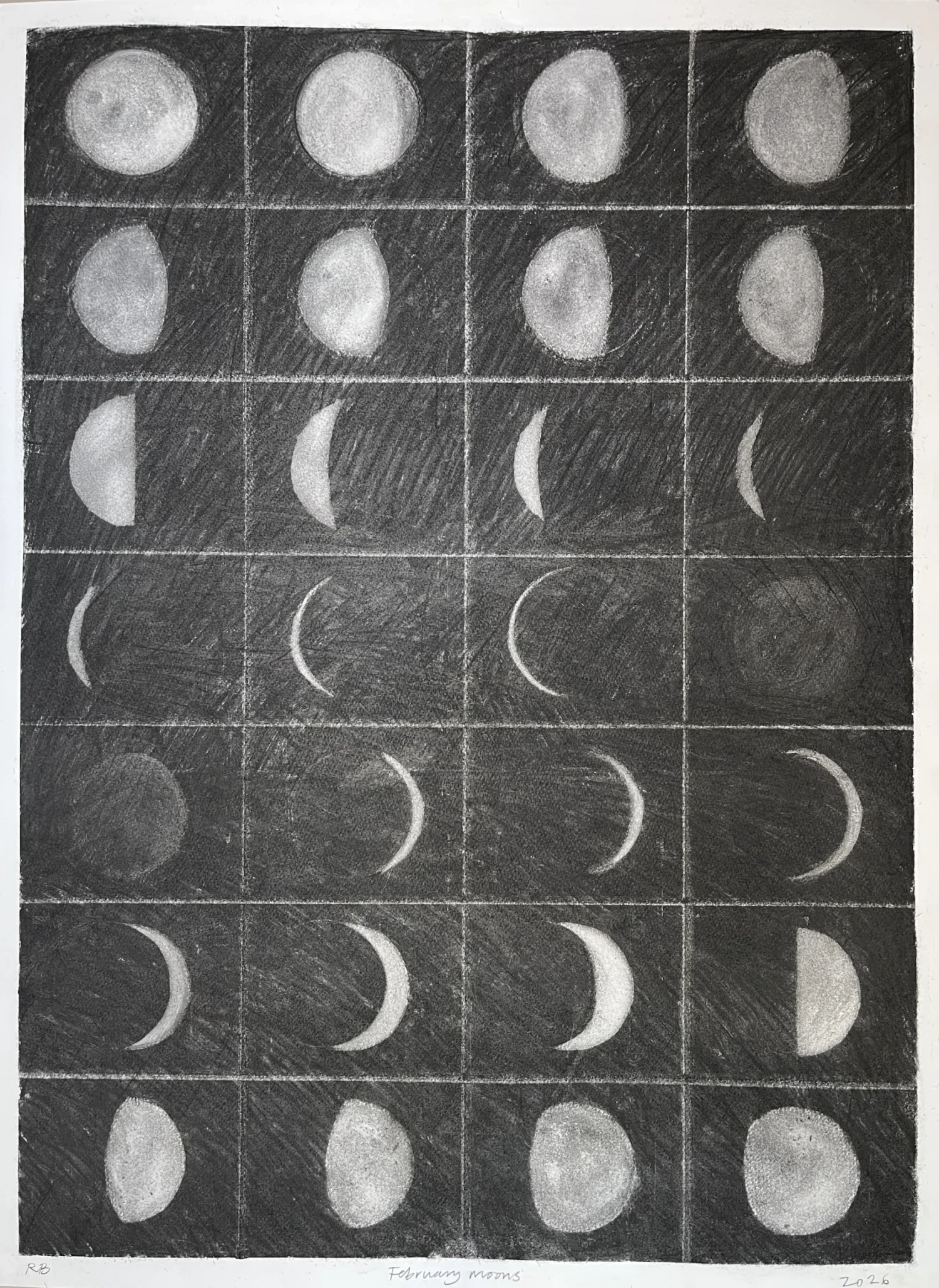 *February Moons 2026*, charcoal on paper, 76 x 56 cm.