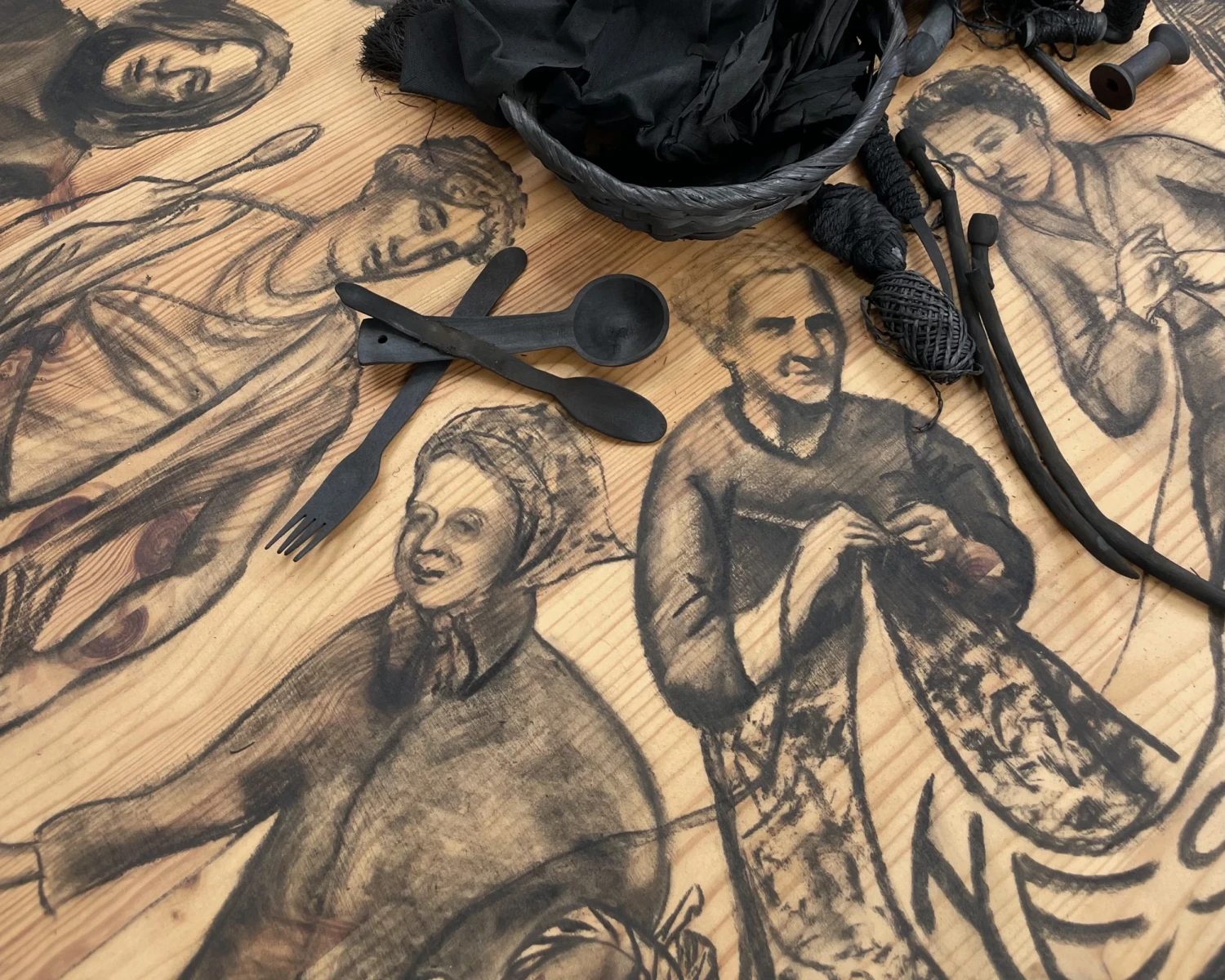 Close-up detail,  *Hestia’s Kitchen Table*, charcoal drawings and charcoal on found wood table, 120 x 75 x 75 cm.