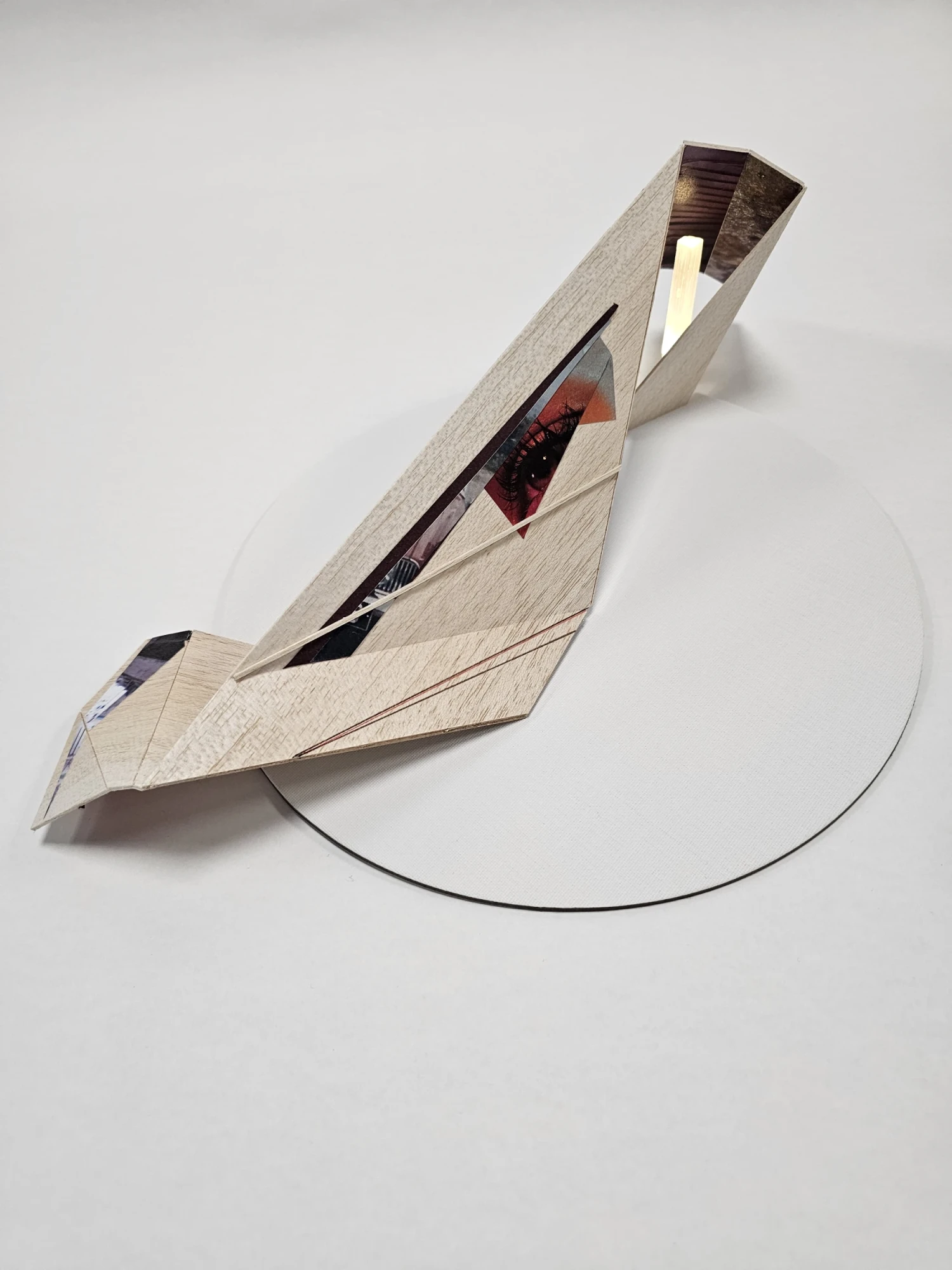 *Fragment VI - I Remember You*, balsa, wire, collage, pen, ink, selenite rod , LED, 42 x 12 x 10 cm.