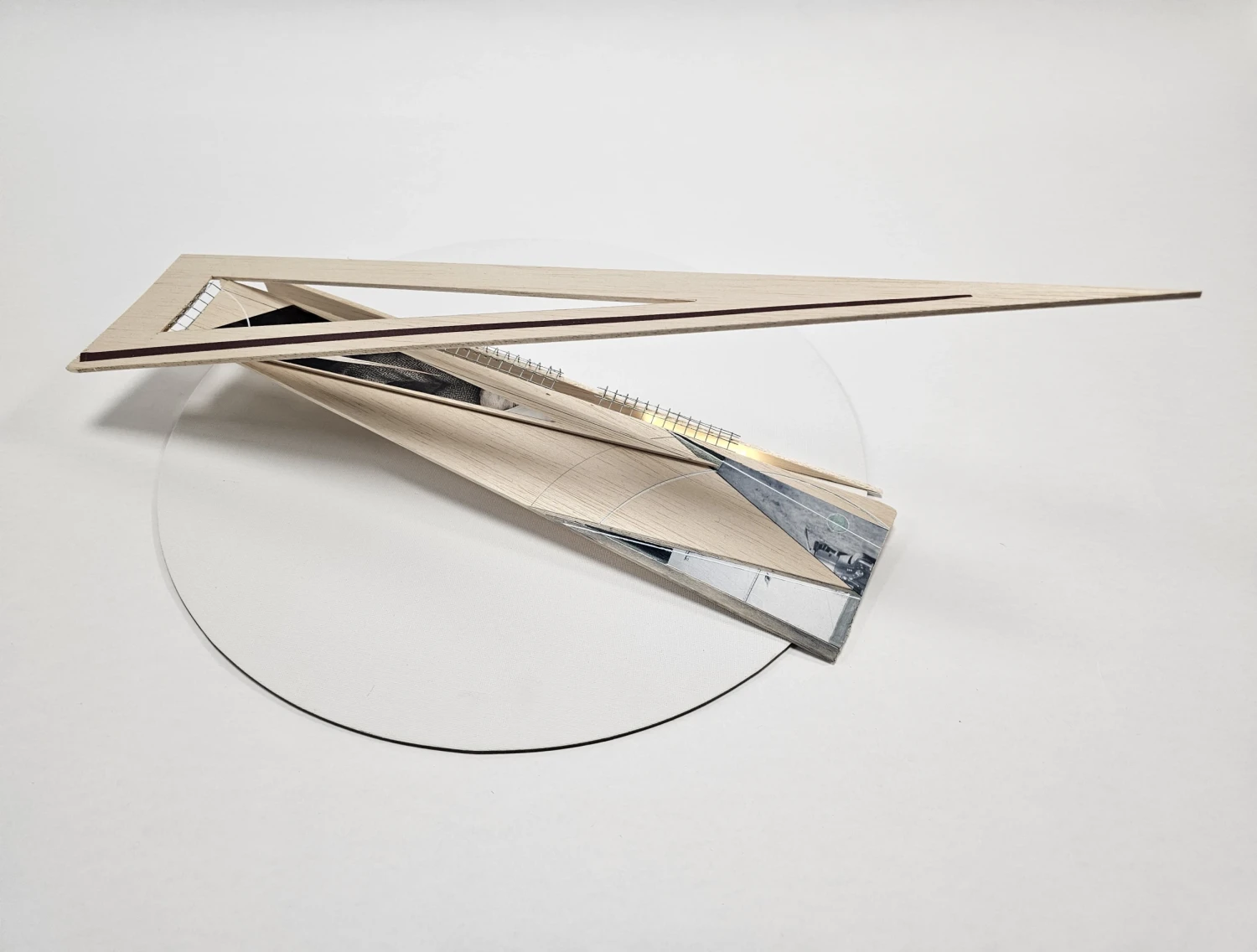 *Fragment I - Ballywilliam 9*, balsa, wire, collage, pen, selenite rod, LED, 40 x 18 x 10 cm.