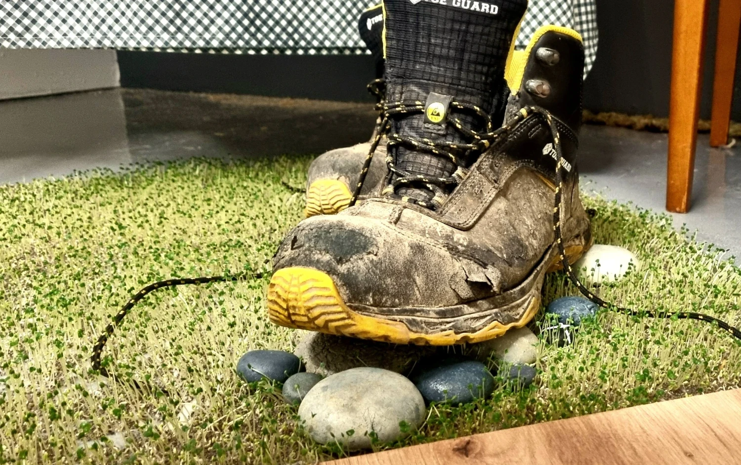 *A Step in Between*, worn work boots rest upon handmade stones and growing chia, balancing labour, weight, and fragile renewal.