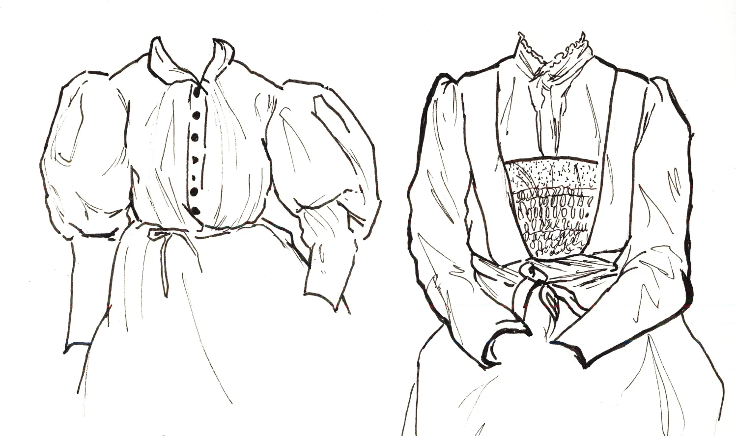 Summer dresses of 1896 and 1901, pen on paper, 2026.  ©Tadhg Ó Ciardha