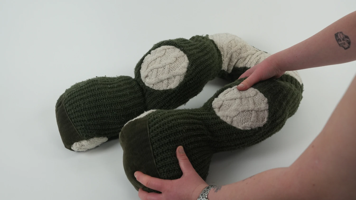 *Barróg*, outer cover, green wool knit, cream wool knit, green corduroy.