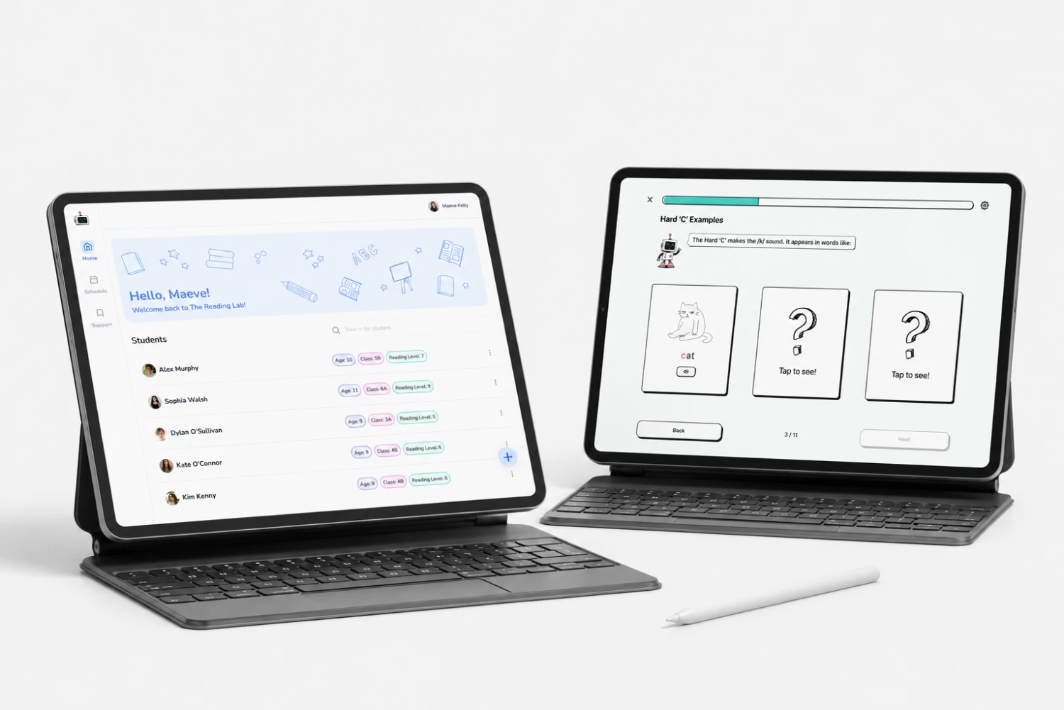 The Reading Lab features two tailored visual systems, one designed for learning support teachers and one for students, creating experiences that respond to the distinct needs of each user group.