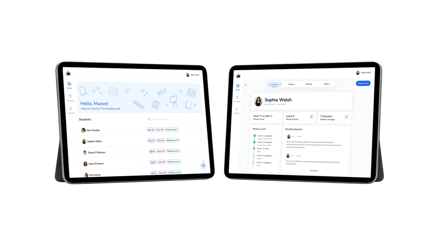 Teacher View: Designed for track multiple students, log sessions, access strategies, and understand progress, all during within a short 1:1 session window.